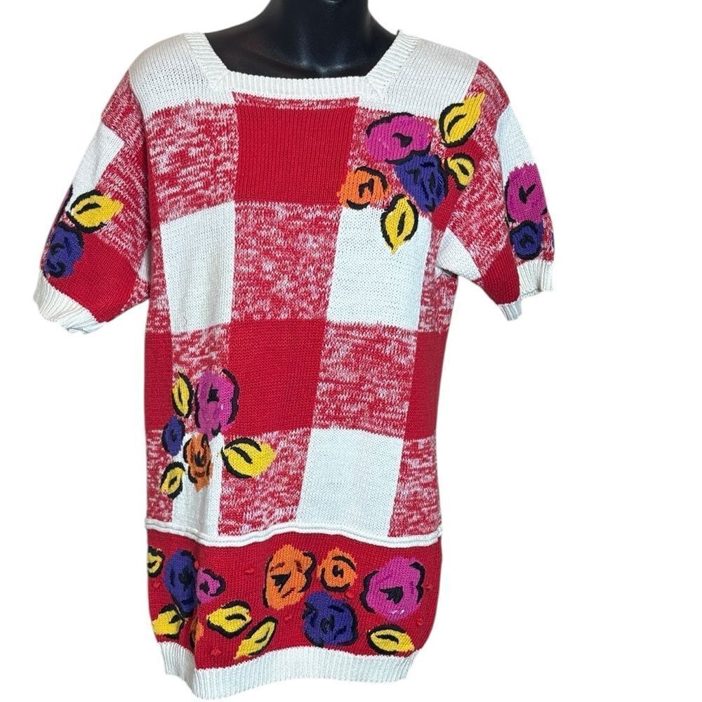 Chaus women’s small vintage 90s tunic sweater heavy plaid floral beaded